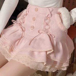 Japanese lolita kawaii clothes pink mini skirt with shorts Lace High Waist korean style women 2025 new fall White skirt fluffy