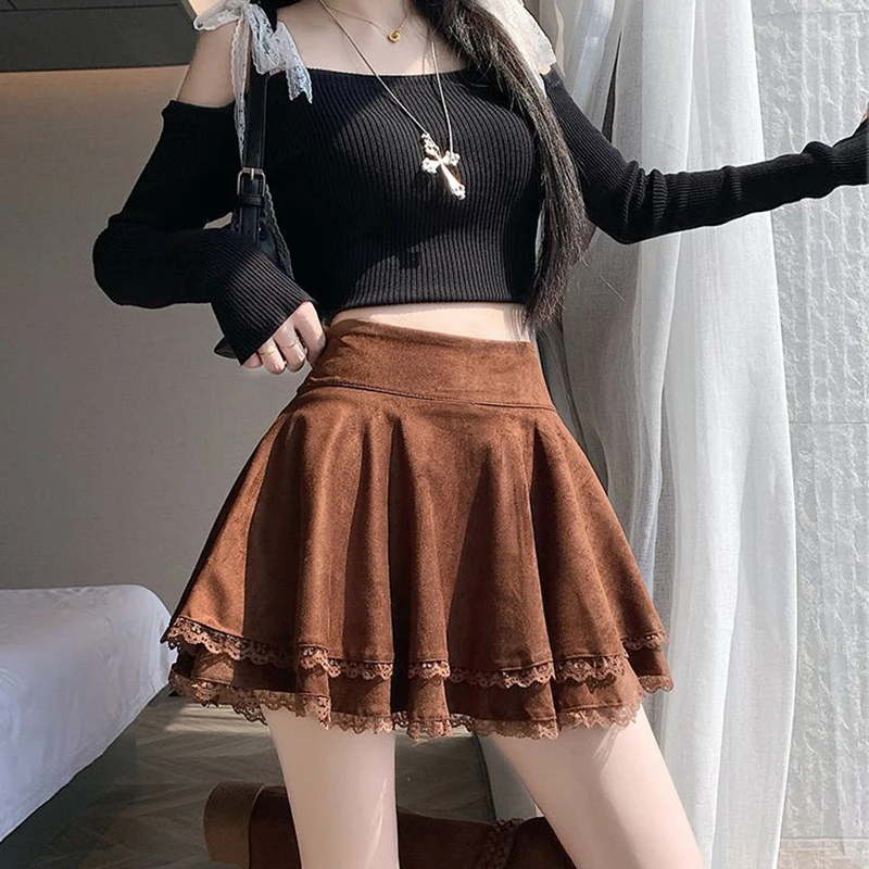 Japanese Lolita Skirts Ruffled Lace Patchwork A LineSkirt Women 2025 Spring New High Waist Slimming Gentle Mini Skirt Culottes