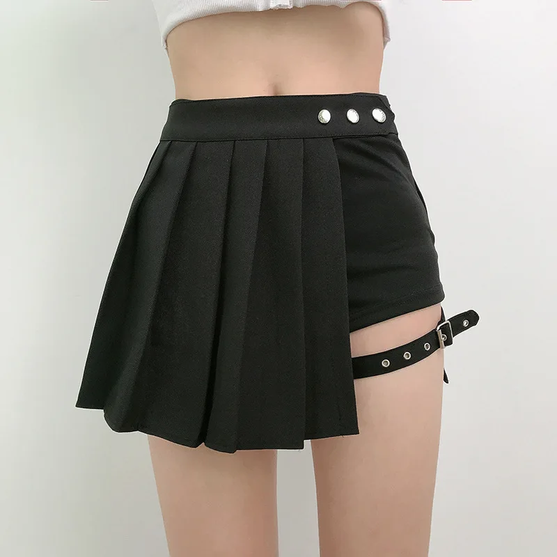 Pleated Girls Gothic Half Skirts Summer Harajuku Punk Style Plaid Irregular Skirts Women Asymmetrical High Waist Black Skirts - Image 2