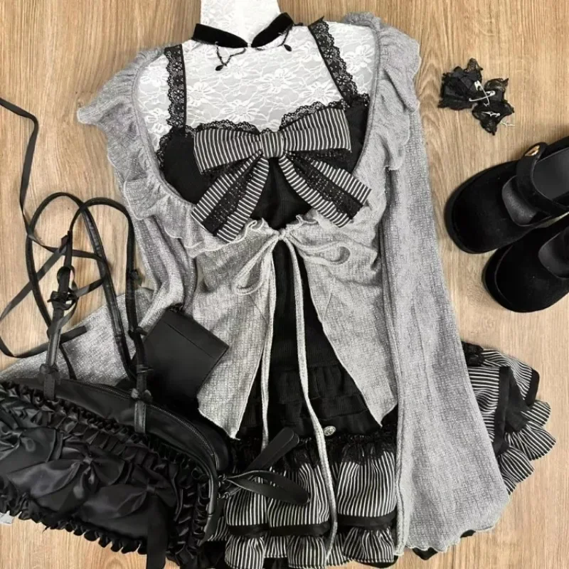 Sweet Lolita Early Autumn Three Piece Set Lace up Ruffles Cardigan Sexy Slim Fit Strapless Vest Tops High Waist Ruched Skirts - Image 2