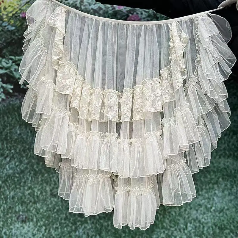 Gothic Lolita Lace Mesh Ruffles Fairy Princess Party Skirt Women Asymmetrical Cute Curtain Sheer Cover Up Thin Long Skirts White - Image 4