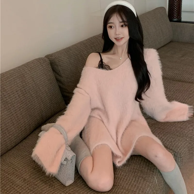 Women's Elegant Soft Mink Fleece Sweater 2024 Fall Clothing Pink Sweet Knitted Pullovers Midi Top Pull Femme Korean Loose Jumper - Image 2