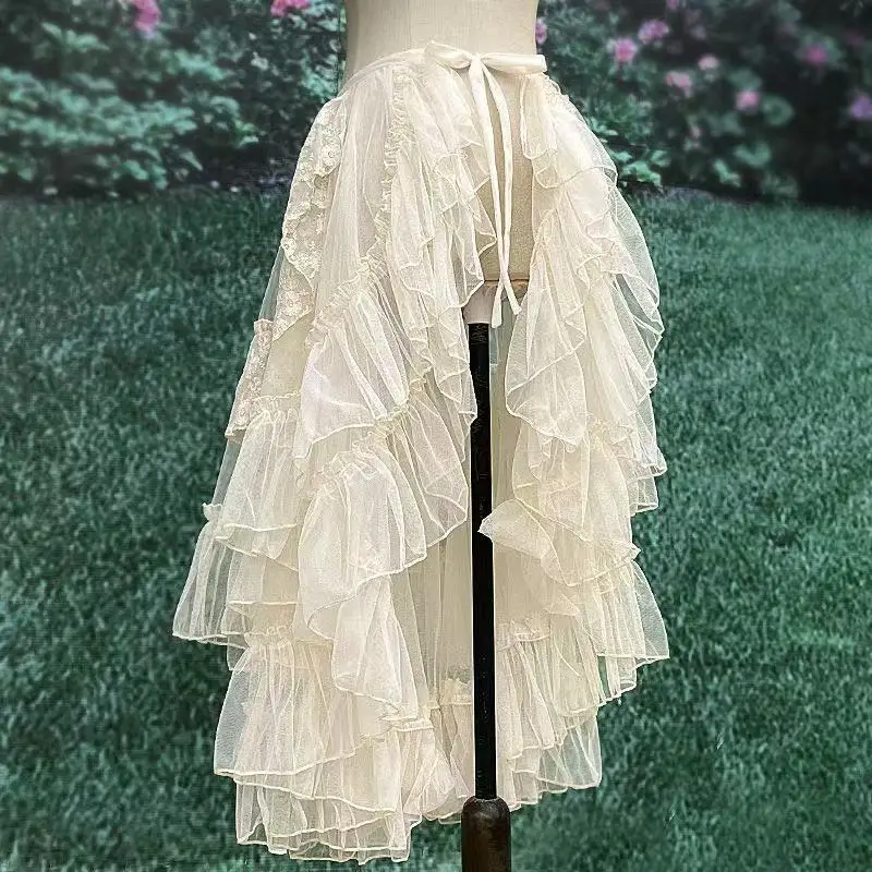Gothic Lolita Lace Mesh Ruffles Fairy Princess Party Skirt Women Asymmetrical Cute Curtain Sheer Cover Up Thin Long Skirts White