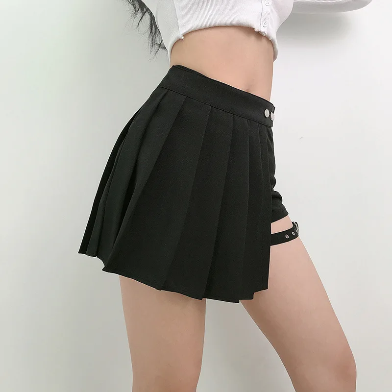 Pleated Girls Gothic Half Skirts Summer Harajuku Punk Style Plaid Irregular Skirts Women Asymmetrical High Waist Black Skirts - Image 3