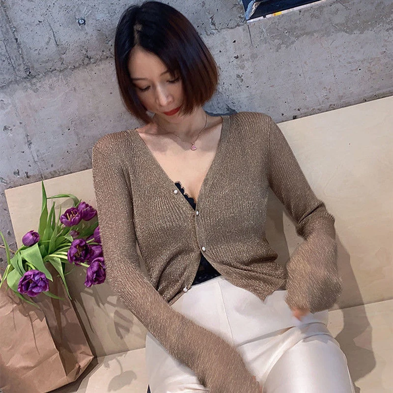 Sexy cropped cardigan women autumn clothes korean long sleeve tops V neck Thin knit sweaters for 2025 new clothes knitted vests - Image 4