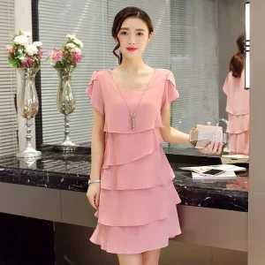 2025 Dress For Women Summer Wave Cut Ruffle Sweet Solid Short Sleeve Slim Dresses Lady Casual All-match Vestido O-Neck Chiffon