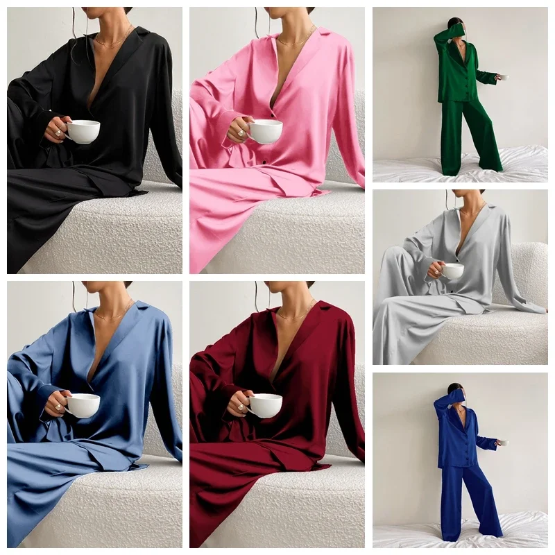 Sexy Low Cut Fashion Pajamas Set For Women Loose Casual Long Sleeve Trouser Suits Satin Silk Female Home Fitted Tops 2-Piece Set - Image 2