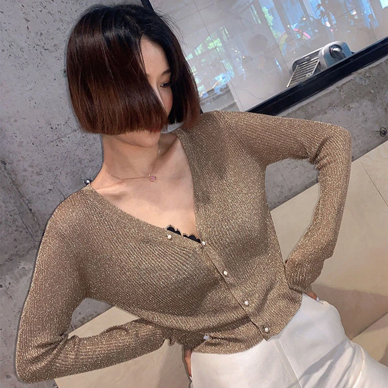 Sexy cropped cardigan women autumn clothes korean long sleeve tops V neck Thin knit sweaters for 2025 new clothes knitted vests - Image 3