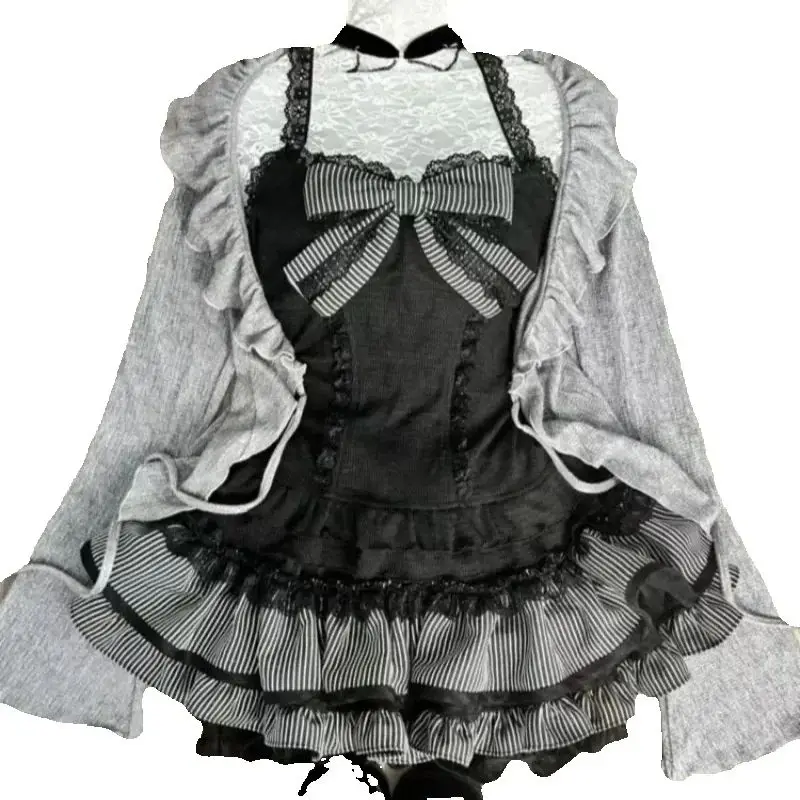 Sweet Lolita Early Autumn Three Piece Set Lace up Ruffles Cardigan Sexy Slim Fit Strapless Vest Tops High Waist Ruched Skirts - Image 4