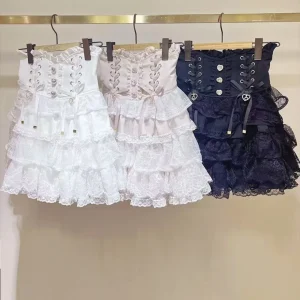 Japanese Sweet Lolita Style Mini Skirt Women Retro Elegant Lace Bandage Party Cake Skirts Female Gothic Y2k Metal Buckle Skirts