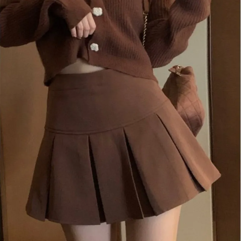 Vintage Brown Pleated Skirt Women Spring Summer 2025 Korean Style Y2K High Waisted A-line Mini Skirts Preppy Style Girls Causal