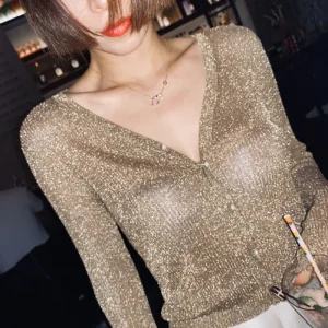 Sexy cropped cardigan women autumn clothes korean long sleeve tops V neck Thin knit sweaters for 2025 new clothes knitted vests