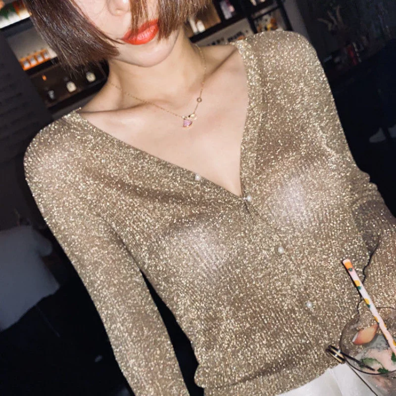 Sexy cropped cardigan women autumn clothes korean long sleeve tops V neck Thin knit sweaters for 2025 new clothes knitted vests