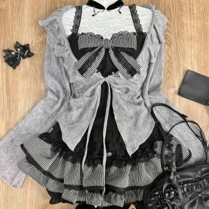 Sweet Lolita Early Autumn Three Piece Set Lace up Ruffles Cardigan Sexy Slim Fit Strapless Vest Tops High Waist Ruched Skirts