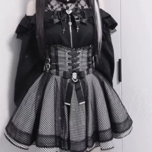 Sweet Elegant Kawaii Slim Off Shoulder Shirts Women's Japanese Lovely Lace Black Short A Line Skirts Fashion Vintage Lolita Set