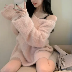 Women's Elegant Soft Mink Fleece Sweater 2024 Fall Clothing Pink Sweet Knitted Pullovers Midi Top Pull Femme Korean Loose Jumper