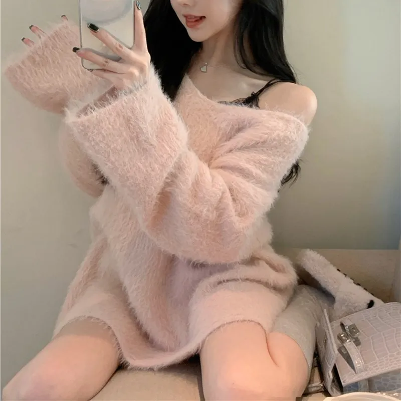 Women's Elegant Soft Mink Fleece Sweater 2024 Fall Clothing Pink Sweet Knitted Pullovers Midi Top Pull Femme Korean Loose Jumper